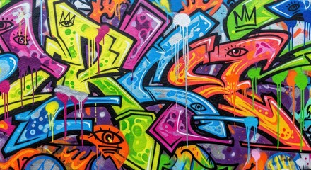 Vibrant Graffiti Art with Dripping Paint and Eye Motifs on Textured Wall