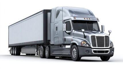 A modern silver semi-truck with a large trailer is shown on a white background, highlighting its sleek design and powerful appearance