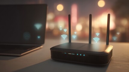 A wireless router and a laptop sit on a desk, connected with visible Wi-Fi signal icons, in a softly lit indoor environment