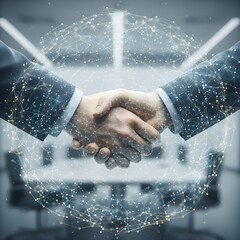 Business professionals shaking hands with digital network connections in modern office setting