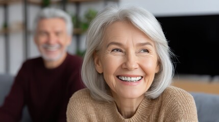 Smiling senior couple enjoying relaxing time together on comfortable couch happy