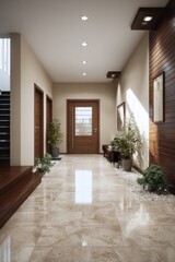 A sophisticated modern hallway showcases polished stone flooring, wooden accents, and ambient lighting.