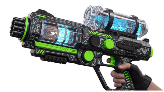 Futuristic toy blaster gun with neon lights
