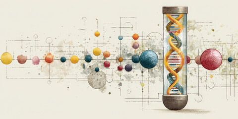 Stylized illustration of DNA double helix inside glass tube, surrounded by abstract geometric shapes and colorful spheres, symbolizing intersection of science and art