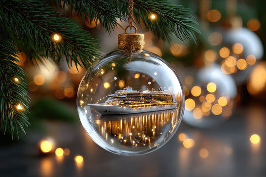 Christmas ornament depicting cruise ship dangling from pine branch, glimmering against softly blurred holiday lighting