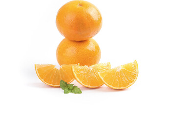 Fresh Oranges Whole and Sliced with Mint on White Background