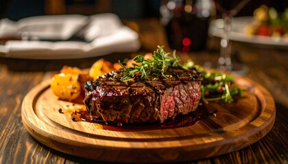 Delicious Grilled Steak on Wooden Board with Herbs and Vegetables for a Fine Dining