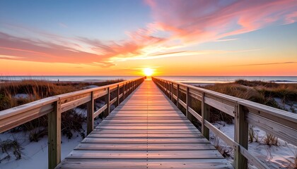 Obraz premium Wooden pier extending into the sea at sunset, beautiful sky and ocean view, concept of peace, relaxation, vacation, and travel inspiration