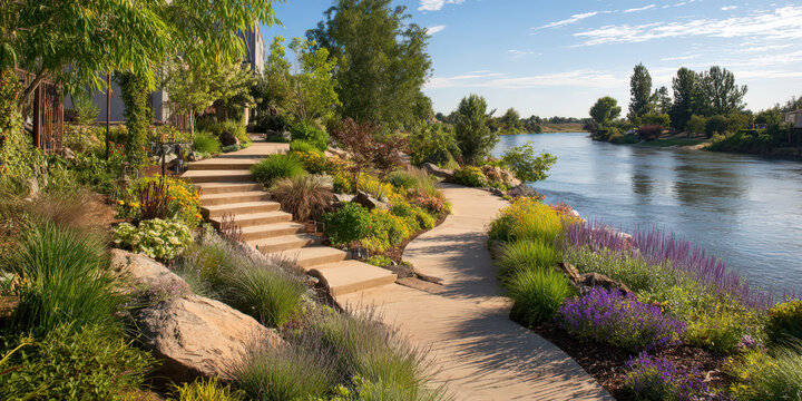 Scenic riverside walkway with landscaped gardens featuring vibrant flowers and lush greenery, creating serene and inviting atmosphere. path winds alongside calm river