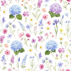 Watercolor Seamless Pattern of Various Flowers and Hydrangeas floral cosmos daisies wildflowers botanical illustration design textile