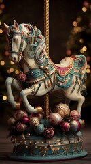 Intricate carousel horse with festive decorations and soft bokeh lights ideal for holiday themes