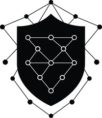 Black shield with white geometric pattern and connecting dots on a white background centered in the frame