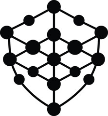 A black and white illustration of a cube made of lines and dots connected to form a complex structure
