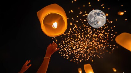 A person releases a glowing lantern during a beautiful festival, joining hundreds of others floating towards the full moon in the dark night sky