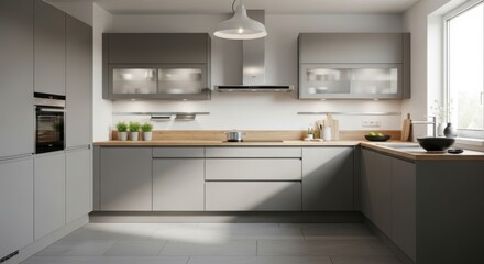 Modern grey kitchen with integrated appliances and wooden countertops