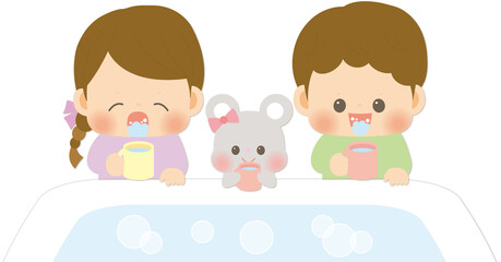 感染予防にうがいをする女の子と男の子とねずみのイラスト