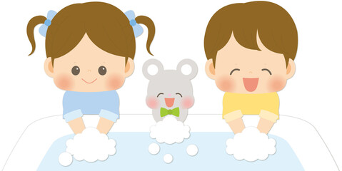感染予防に手洗いをする女の子と男の子とねずみのイラスト