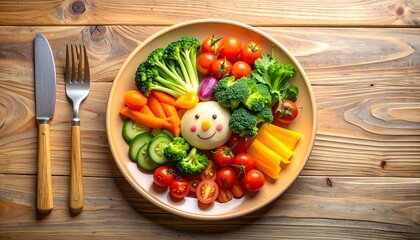 healthy food plate with fresh vegetables and fruits arranged in a creative smiley face, balanced diet concept, vegetarian lifestyle, nutrition and wellness background