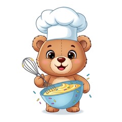 Cute cartoon teddy bear chef holding a whisk and bowl of batter.