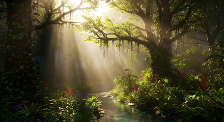 Fototapeta premium Sunbeams Through Lush Rainforest Canopy: Serene Nature Background
