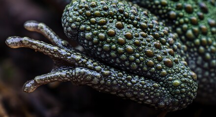 A closeup of a frogs bumpy green skin covered in droplets Its webbed foot is visible