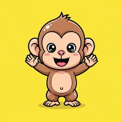 Obraz premium Cute Happy Baby Monkey Cartoon Illustration on Yellow Background.