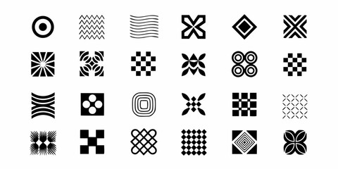 Collection of diverse geometric abstract symbols and patterns in black and white