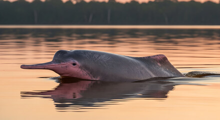 Amazon River Pink Dolphin, Inia geoffrensis, surfacing in calm water at sunset