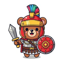 Fototapeta premium Cartoon Bear as Roman Soldier with Sword and Shield.