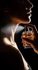 Woman spraying perfume on her neck in a dark setting, creating an elegant and mysterious atmosphere. © dayinta