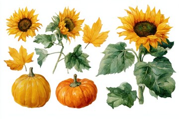 Watercolor Sunflower Pumpkin. Autumn Harvest Set of Pumpkins and Sunflowers for Thanksgiving and Halloween