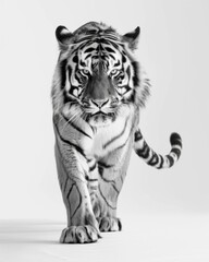 Intense black and white frontal portrait of a walking tiger in motion