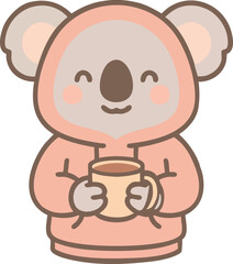 Cozy koala in peach hoodie holding a warm cup