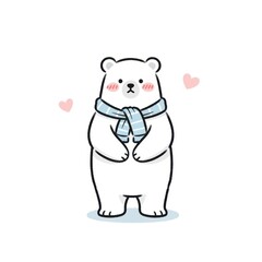Fototapeta premium Cute cartoon polar bear wearing a blue scarf with pink hearts.