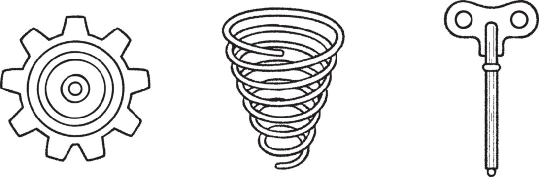 Minimal icon strip with gear cyclone swirl and wind up key