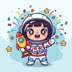 Cute Astronaut Child Holding Rocket Trophy Celebrating Victory with Confetti and Stars.