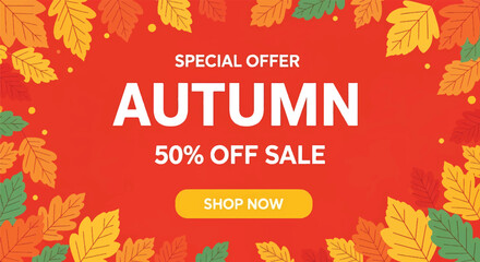 Adobe illustrator artwork vector illustration of a vibrant autumn sale banner with falling leaves and a "50% Off Sale" message. Ideal for seasonal promotions and special offers