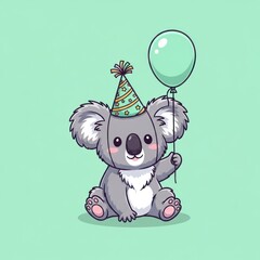 Cute Koala Bear with Party Hat and Balloon on Green Background.