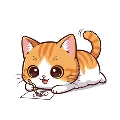 Cute Orange Tabby Kitten Drawing on Paper with Pencil.