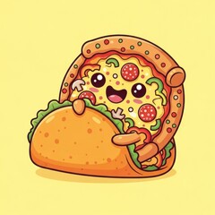 Cute Cartoon Pizza and Taco Hugging Illustration.