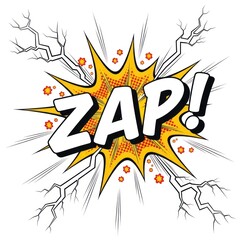 Comic book speech bubble with ZAP text and lightning bolts.
