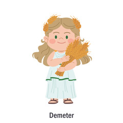 Ancient Greek goddess Demeter. Character of the Olympic goddess of fertility and agriculture. Deity with a sheaf of wheat. Cartoon character of pagan religion, European mythology