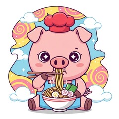 Cute Pig Chef Eating Ramen Noodles Cartoon Illustration.