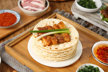 Chinese Pancake Stack with Barbecued Meat and Scallions Traditional Asian Cuisine