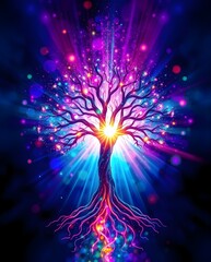 A vibrant, colorful tree radiates energy with bright hues of purple and blue. Light emanates from the branches, creating a mesmerizing effect.