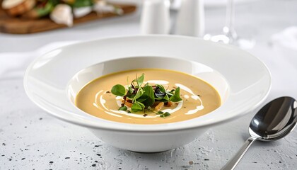 Elegant bowl of gourmet soup with greens, a culinary masterpiece, ready to serve
