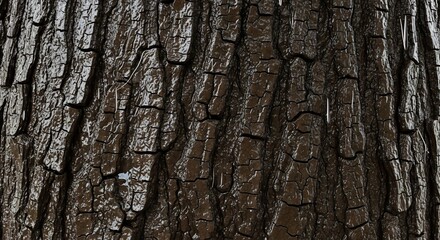 Obraz premium Closeup of tree bark dark brown in color The surface has deep textured grooves and small water droplets