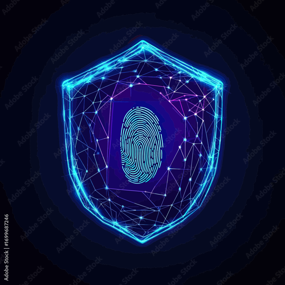 Poster futuristic digital neon shield with fingerprint biometric security concept polygonal wireframe blue 