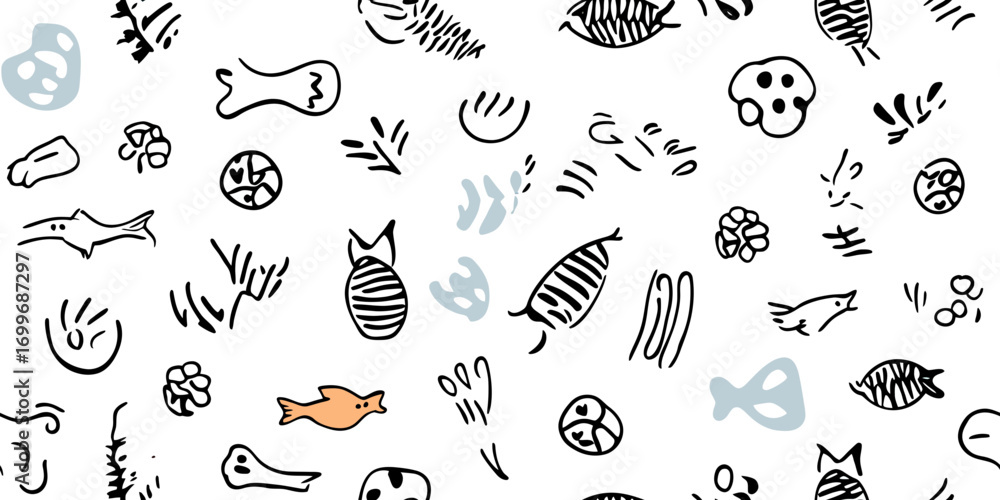 Poster seamless pattern of hand drawn fish shapes bones and abstract doodle elements with black and orange 