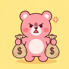 Fototapeta premium Angry Pink Bear Holding Money Bags Cartoon Illustration.